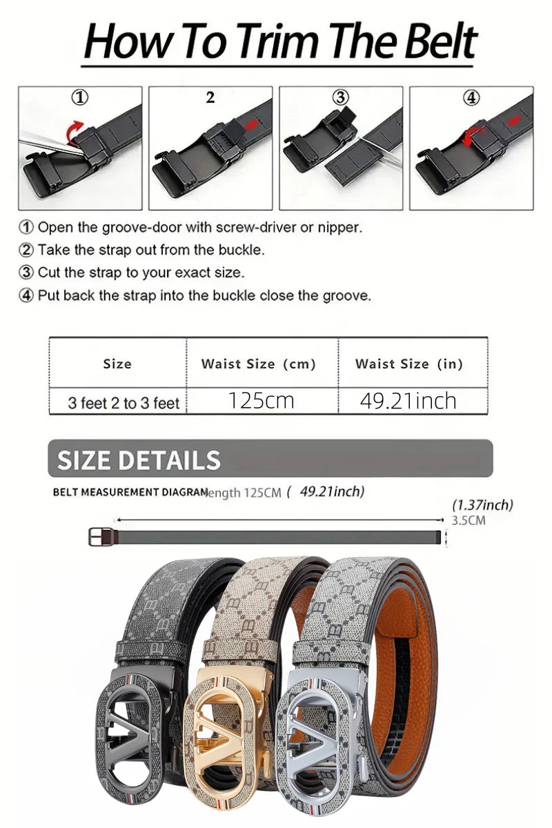 New Big "V" Automatic Buckle Men Belt, Fashionable Letter Buckle Waist Belt, Business Casual Leather Belt,Genuine Suit Belt