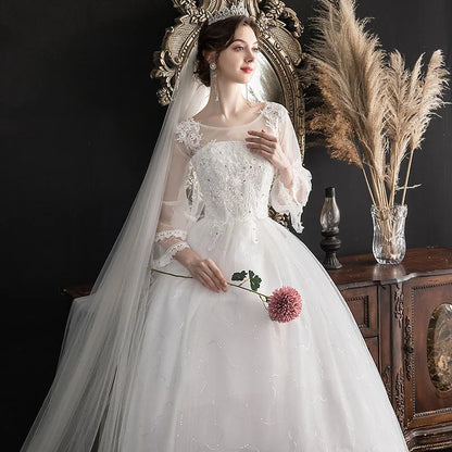GIYSILE Wedding Dresses Large Size Evening Dress Korean Style Quarter Sleeved Flared Sleeve Temperament Main Wedding White Dress