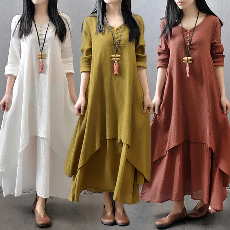 Women Elegant Linen Ginger Dresses Bohemia Layering Vintage Robe Long Sleeve Loose Long Dress Female Autumn Vestidos