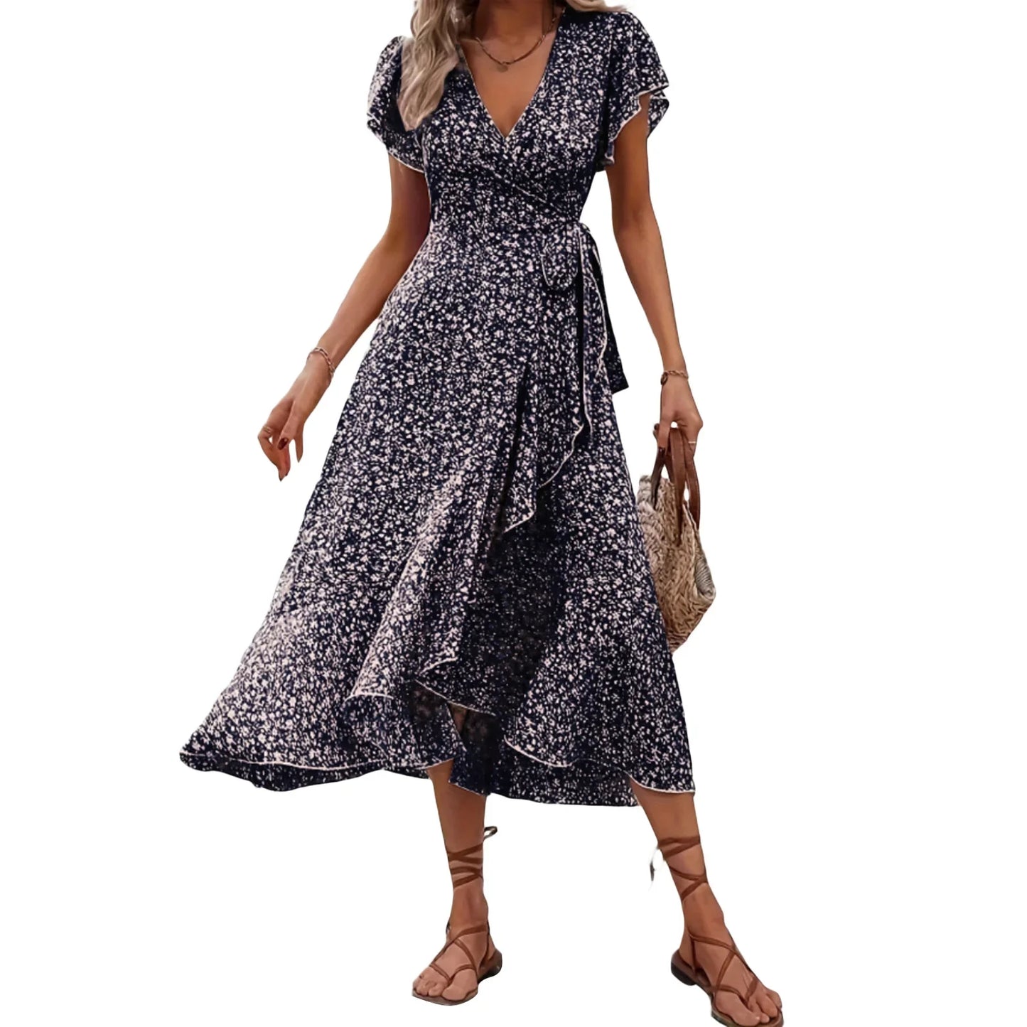 Women's Summer Flower Print Ruffle Dress Fashion Elegant Short Sleeve Wrap V Neck Tie Side Dresses