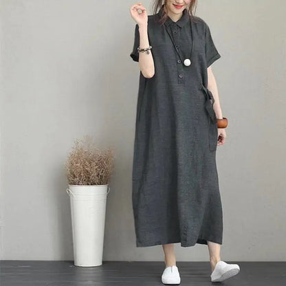 plus Size Cotton Linen Long Dr High Waist Slimming Women's Dr Summer 2023 A-Line irt Dr  Collar ort Sve