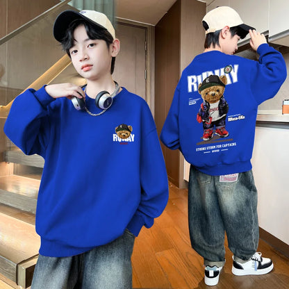 Boys Cartoon Bear Sweatshirts Loose Sports Round Neck Tops New Spring Autumn Clothing Toddler Trendy Printed Long-sleeved Hoodie