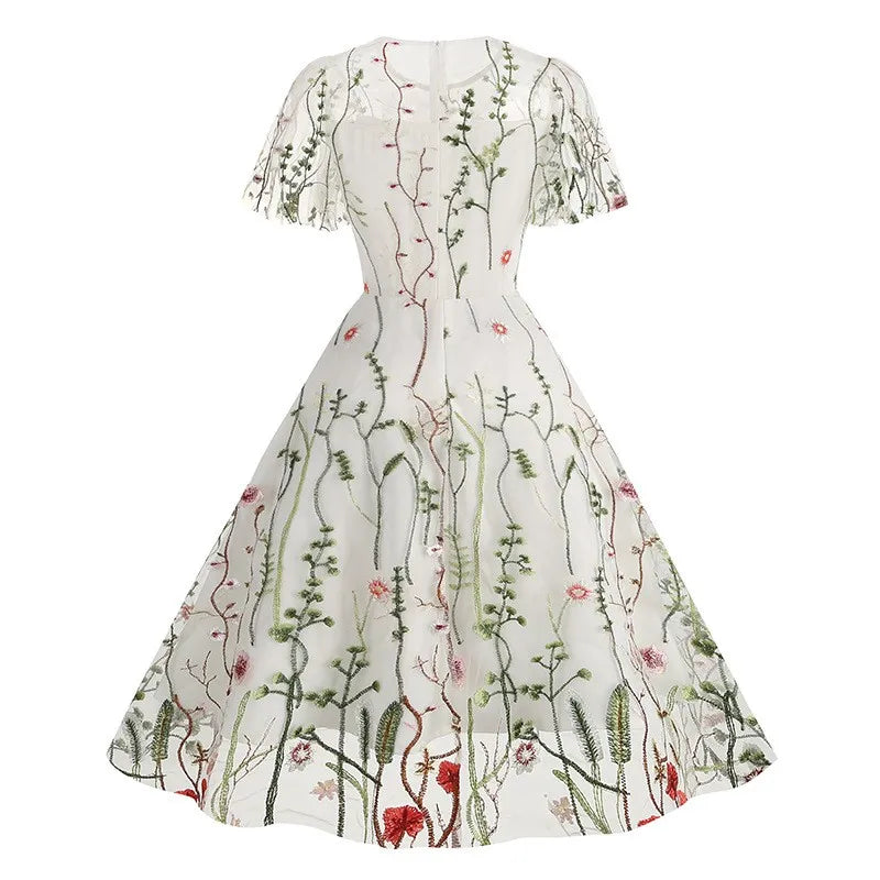Women Fashion Embroidered Short Sleeve Mesh Dress Summer Bohemian Floral A-Line Flowy Dress Cocktail Party Dresses Vestidos