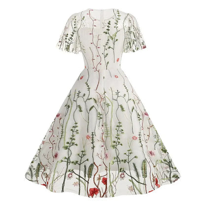 Women Fashion Embroidered Short Sleeve Mesh Dress Summer Bohemian Floral A-Line Flowy Dress Cocktail Party Dresses Vestidos