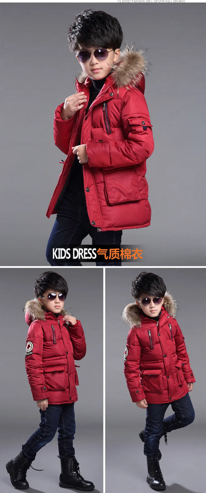 5-14 Years Big Boys Jacket Winter Thicken Warm Teenager Kids Jacket Fashion Long Style Zipper Hooded Children Outerwear Clothing