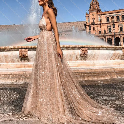 Sexy Deep-V Neck Backless Sequined Evening Dresses Fashion Spaghetti Straps High Slit A-Line Dress Formal Evening Party Robe