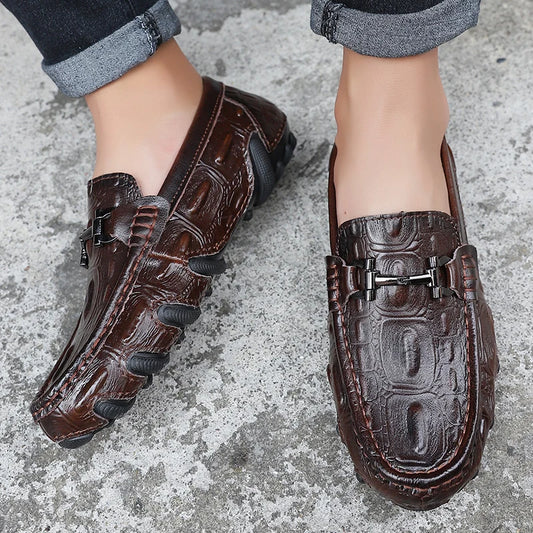 Men Casual Shoes Genuine Leather Crocodile Style Luxury Brand Mens Loafers Moccasins Slip on Black Driving Shoes Plus Size 38-47