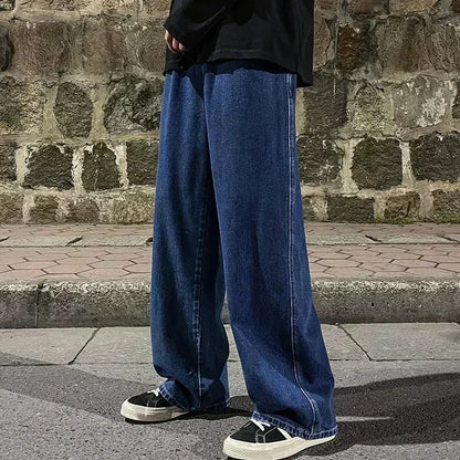 2025 New Streetwear Loose Jeans Men Korean Style Fashion Loose Straight Wide Leg Pants Men's Brand Clothing Black Light Blue 3XL