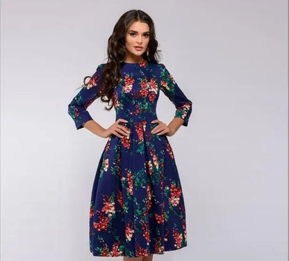 Retro Floral Print A- Line Dress Midi Length Three-Quarter Sleeve round Neck Party Dress Sweet Fresh Style Urban Fashion