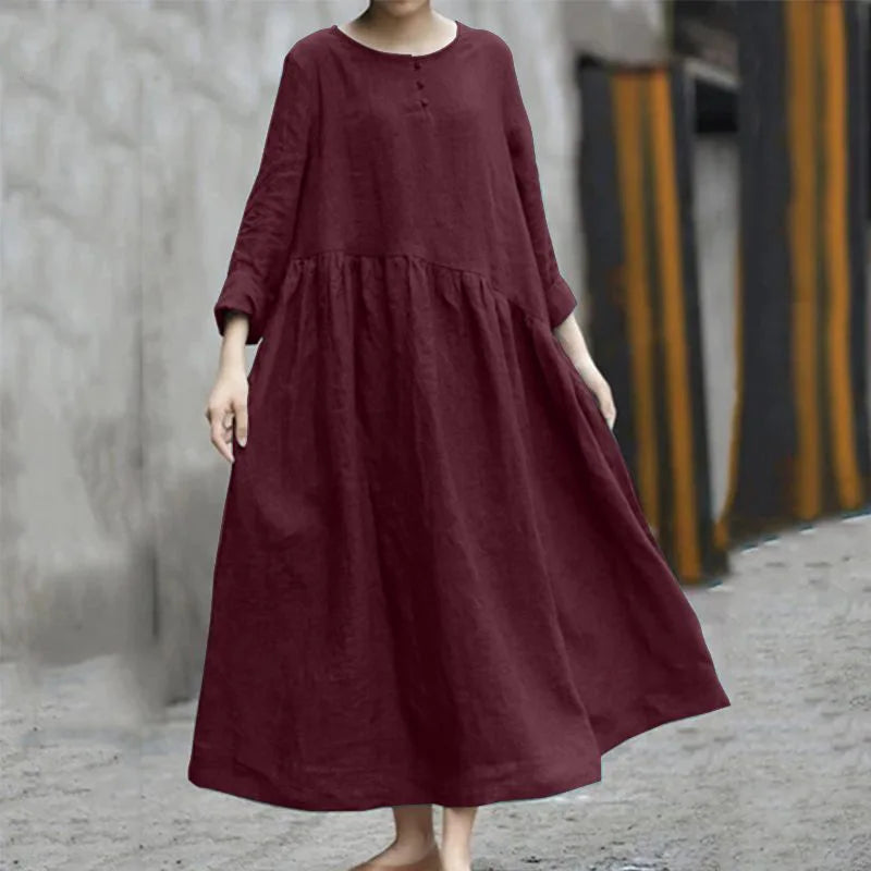 Women Cotton Linen Asymmetrical Loose Long Dress Autumn O-neck Long Sleeve Pocket Baggy Party Dresses JYFS-HS6144