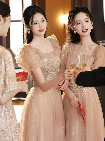 Pink Wedding Bridesmaid Dr Summer Fairy Small Senior ort Sve mid Waist Princ Sve Polyester Fiber Evening Gown