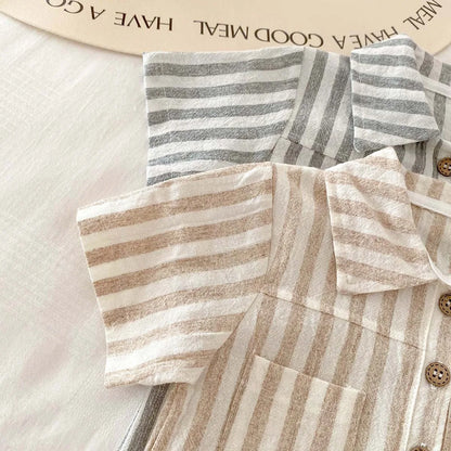 Baby Boys Rompers Striped Jumpsuits Turn Down Collar Toddler Boys Summer Clothing