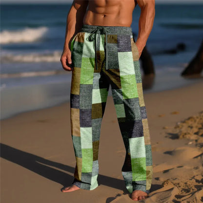 Plaid Color Block Men's Resort 3D Printed Casual Pants Trousers Elastic Waist Fit Straight-Leg Pant Summer Beach Pants 6XL