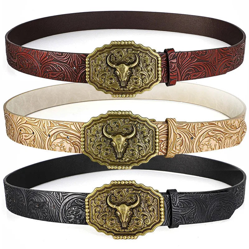Western Cowboy Style Vintage Casual Belts - Ox Head Carved Buckle & Bohemian Print, Perfect For Daily Commute & Dating Outfits