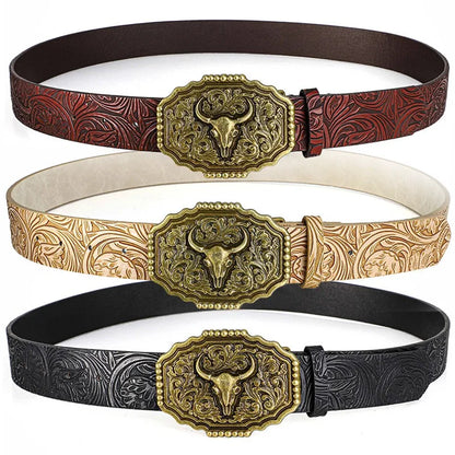 Western Cowboy Style Vintage Casual Belts - Ox Head Carved Buckle & Bohemian Print, Perfect For Daily Commute & Dating Outfits