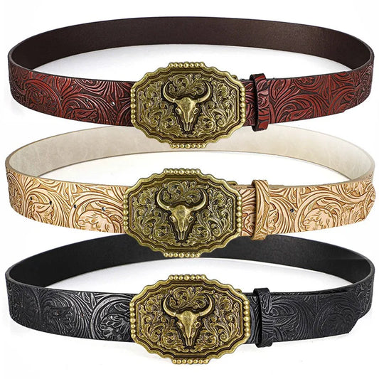 Western Cowboy Style Vintage Casual Belts - Ox Head Carved Buckle & Bohemian Print, Perfect For Daily Commute & Dating Outfits