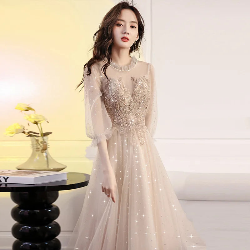 Elegant Evening Gown Mid-Length Graduation Dress O-neck Appliques Evening Dresses Simple Prom Vestidos Wedding Party Dresses