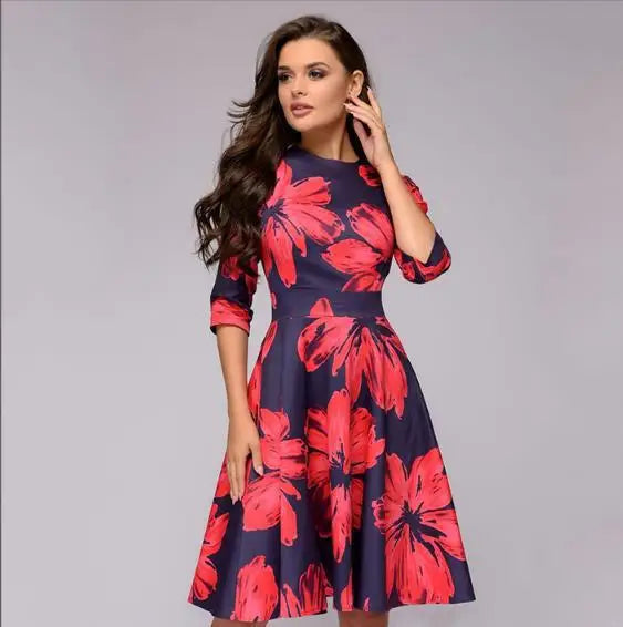 Retro Floral Print A- Line Dress Midi Length Three-Quarter Sleeve round Neck Party Dress Sweet Fresh Style Urban Fashion