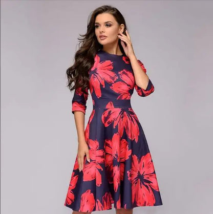 Retro Floral Print A- Line Dress Midi Length Three-Quarter Sleeve round Neck Party Dress Sweet Fresh Style Urban Fashion