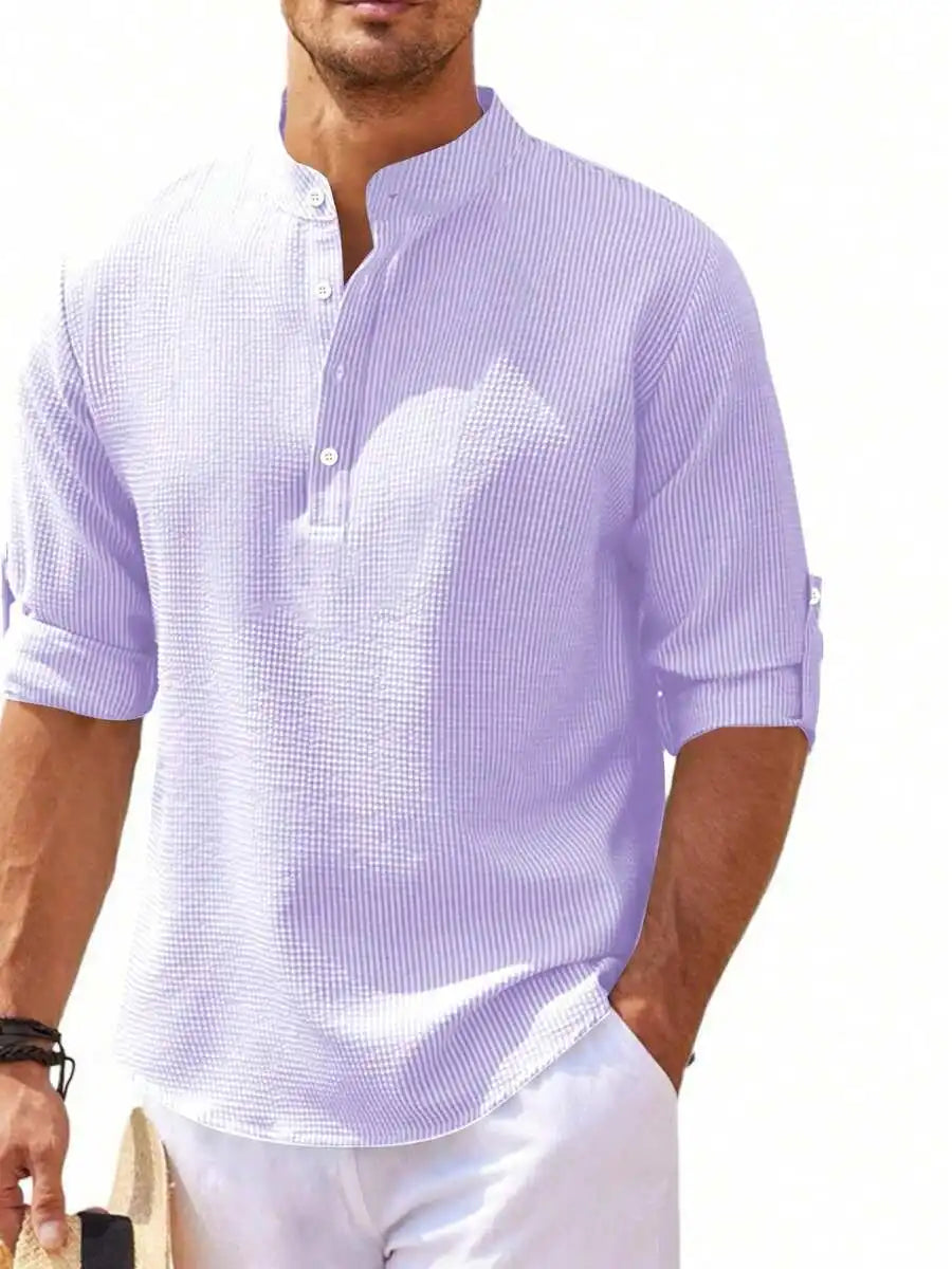 Men's Short Sleeve Henley Shirt, Striped Waffle Knit, Lightweight & Breathable for Summer Casual Wear