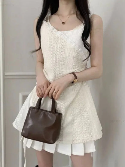 Summer Dress Women Chic French Lace Stitching Sling Shirt Stacked Gauze Knitted  Overskirt Inner Wear Base Short
