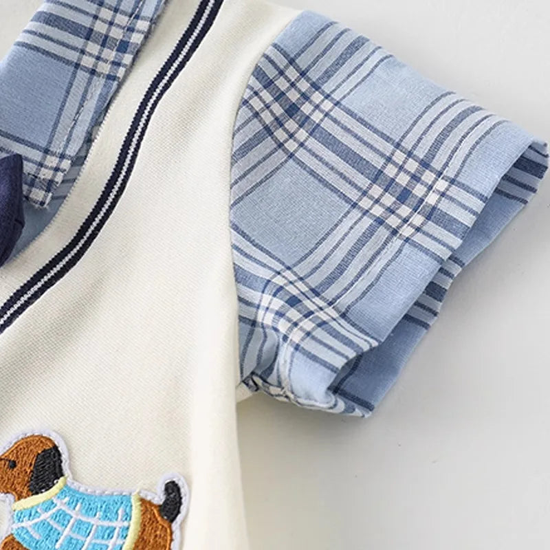 Boys Summer Short-sleeved  Jumpsuit Clothes Baby Fake Two-piece College Style Onesie  Babe Cute Dog Label Romper Fashion Outwear