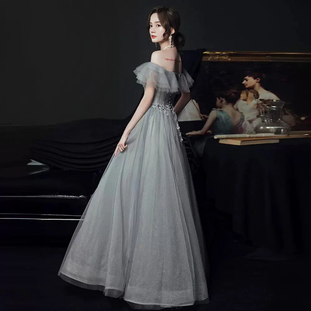 Faionable ay Blue One oulder Evening Gown Summer Season Midi Skirt Solo Singing Art Exam Ele Personali