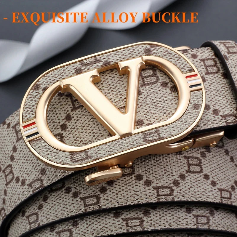 New Big "V" Automatic Buckle Men Belt, Fashionable Letter Buckle Waist Belt, Business Casual Leather Belt,Genuine Suit Belt