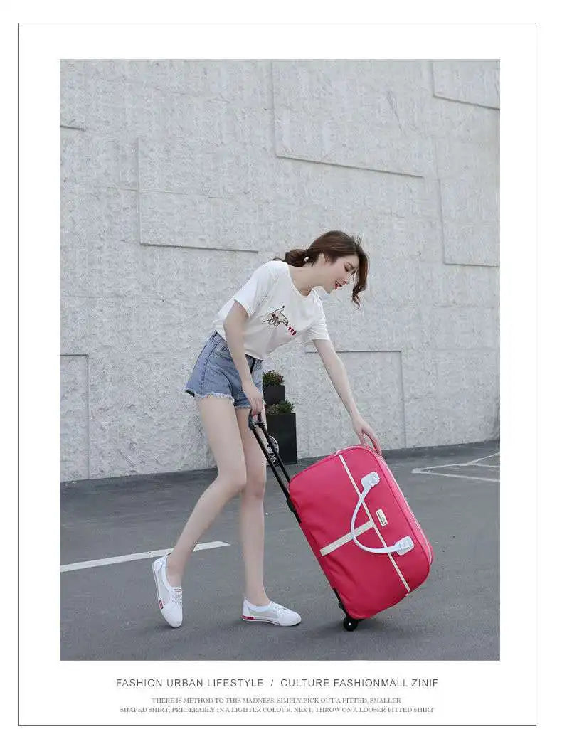 Large Capaci Travel Bag Women's Lightweight Pull Bag Portable ort Trip Hand Lage Bag with Wheels Faionable Ox Cloth