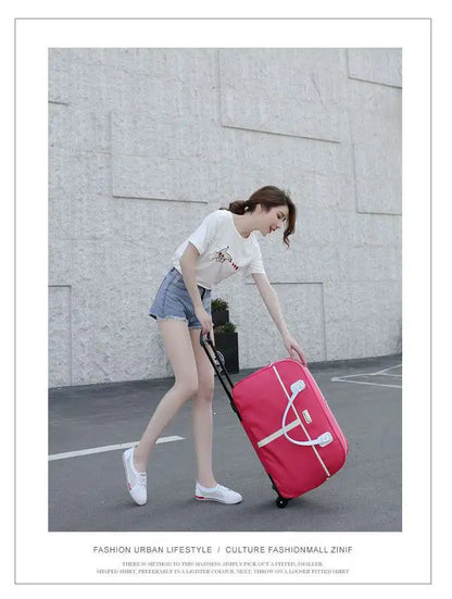 Large Capaci Travel Bag Women's Lightweight Pull Bag Portable ort Trip Hand Lage Bag with Wheels Faionable Ox Cloth