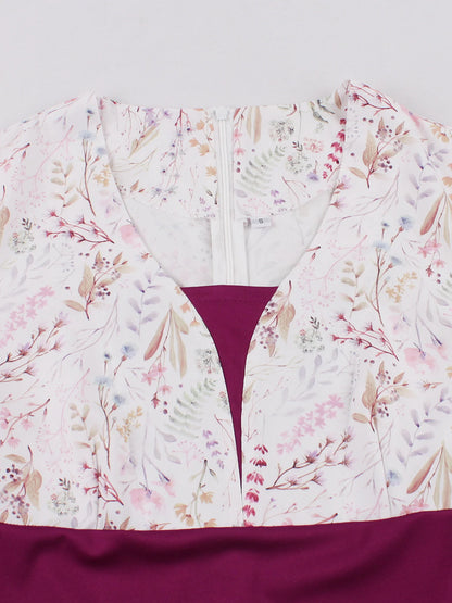 Tonval V-Neck Floral Contrast Purple High Waist Summer Dresses Holiday Women Flare Sleeve A-Line Party Birthday Beach Dress