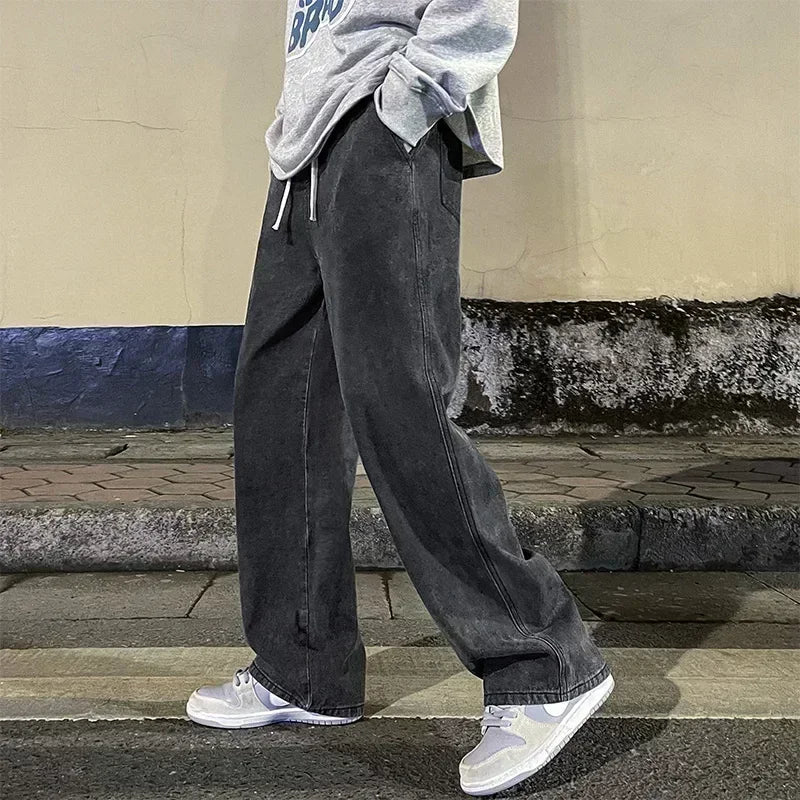 2025 New Streetwear Loose Jeans Men Korean Style Fashion Loose Straight Wide Leg Pants Men's Brand Clothing Black Light Blue 3XL
