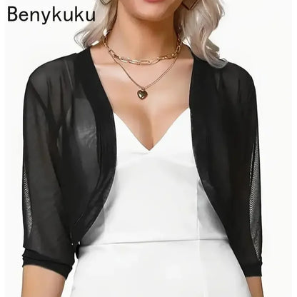 Vintage 3/4 Sleeve Mesh Shrug Bolero Cardigan Slim Cropped Tops Chiffon Ladies Black Jacket Spring Coat Casual Women Clothes
