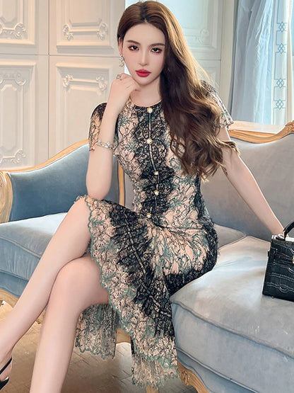 Elegant Birthday Party Dresses Women's Retro Lace Bubble Sleeve Single Breasted Pleated Skinny Fishtail Robe  Runway Vestido