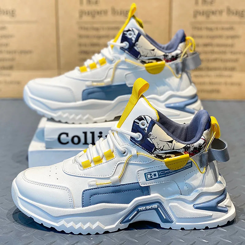 Spring Men Chunky Sneakers Trendy Fashion High-top Round Head Shoes Height Increase Color Block Casual Shoes zapatos de hombre