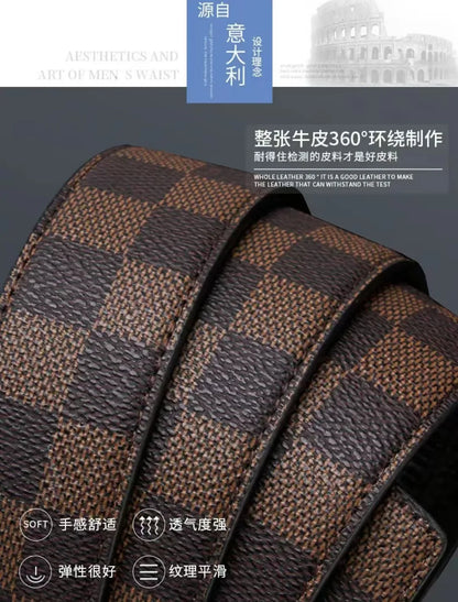 Check Pattern Leather Belt Automatic Buckle Young Fashion Casual Belt Trendy Ins Top Grain Cowhide High End Business