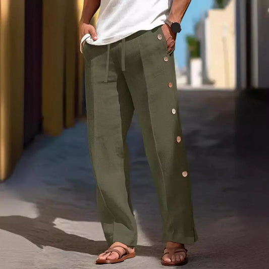 Men Casual Pants Loose Side Pockets Drawstring Elastic Waist Side Button Closure Quick-drying Beach Sweatpants Long Trousers