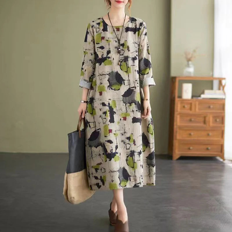 Women's Clothing Vintage Ethnic Style Print Harajuku Casual Dresses Spring Autumn Fashion Long Sleeve Oversized Midi Dress Robe