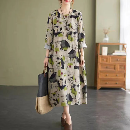 Women's Clothing Vintage Ethnic Style Print Harajuku Casual Dresses Spring Autumn Fashion Long Sleeve Oversized Midi Dress Robe