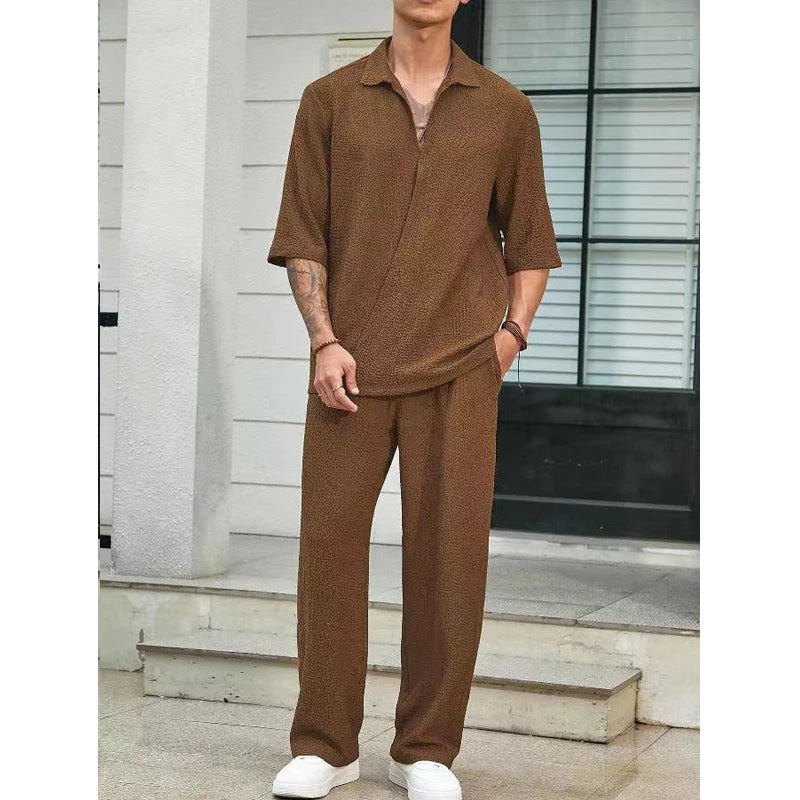 Men's Summer Fashion Loose Men Suit Solid Half Sleeved T-shirt And Pants Water Wave Wrinkles Two-piece Set For Male Outfits