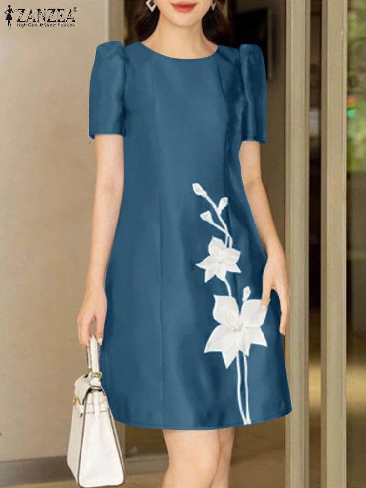 ZANZEA Korean Fashion Women A-line Robe Elegant Satin O Neck Short Sleeve Knee-length Dress Floral Printed Casual Party Vestidos