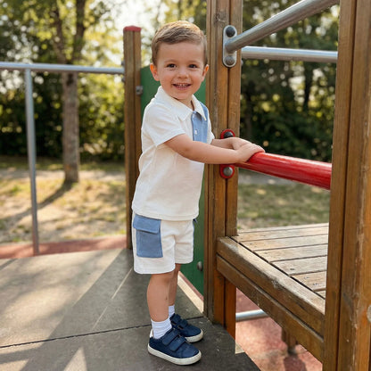 Toddler Baby Boy Summer Outfit Contrast Short Sleeve Collared Shirts Cargo Shorts 2 Piece Boys Waffle Clothing Set