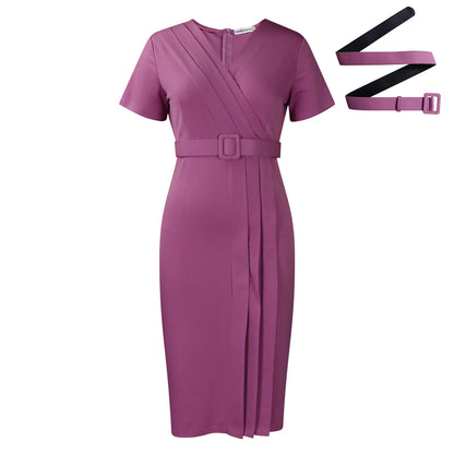 Summer Elegant Office Dresses For Women V Neck Fashion Sexy Short Sleeve Belt Waisted Wear Dress Midi Dress Women Clothing