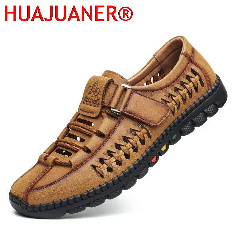 2025 Summer Men Sandals Leisure Breathable Comfort Mens Beach Shoes Fashion Solid Hand Sewn Male Flat Casual NEW Leather Sandals