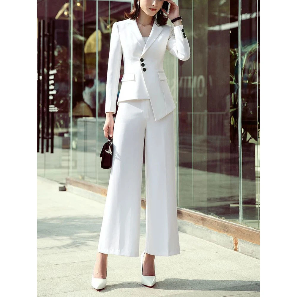 Elegant White two Pieces Suit Set for Women Peak Lapel Jacket Wide Leg Pants Sets Slim Fit Office Business Daily Female Clothing