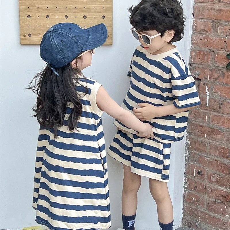 Summer New Sister And Brother Set Girls Striped Sleeveless Dress Fashion Boys Short Sleeve Two Piece Set