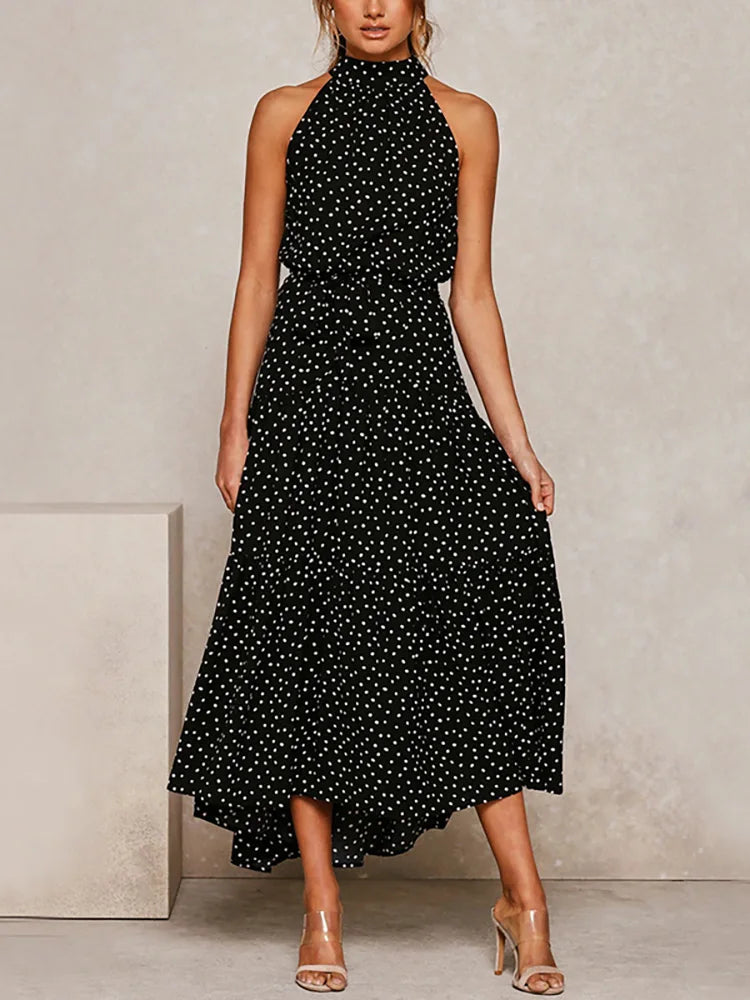 Boho Long Dress Women Flower Print Retro Party Dresses Female Shoulderless Lace Up Sleeveless Halter Summer Vintage Maxi Dress