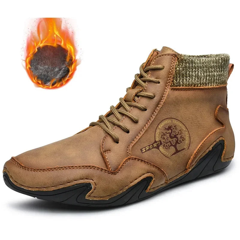 Winter Leather Men Boots Super Warm Man Snow Boots Handmade Mens Casual Shoes Walking Sneakers High Top Western Ankle Boots