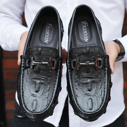 Men Casual Shoes Genuine Leather Crocodile Style Luxury Brand Mens Loafers Moccasins Slip on Black Driving Shoes Plus Size 38-47