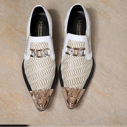 White Golden Breathable Pointy Shoes Men for Ktv Bars Leather Shoes British Men's Performance Shoes Personalized Fashion Loafers
